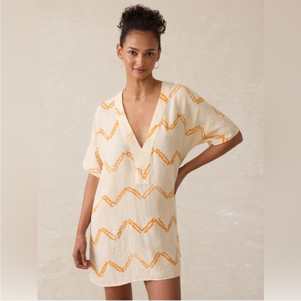 Faherty Cora 100% Linen Coverup Orange and Cream Chevron Shibori Boho Beach
